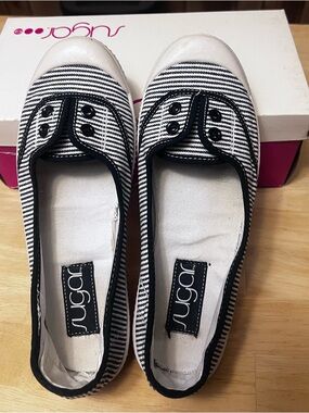 Sugar Black & White Striped Slip-On Canvas Flats